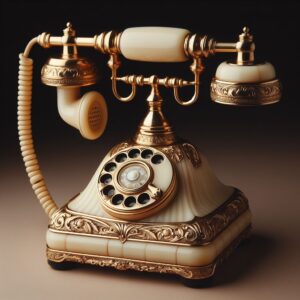 A vintage rotary dial telephone with ornate gold and ivory detailing is displayed against a dark gradient background, offering a glimpse into the past. The phone features a coiled cord and intricate design elements, providing not just aesthetic appeal but also historical info.